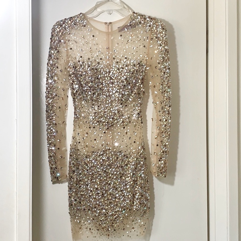 JOVANI Sheer Gold Long Sleeve Short Dress